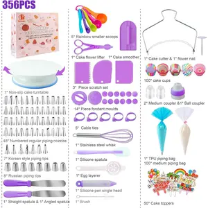 Nifogo Cake Decorating Supplies Kit 356pcs with Turntable, Piping Bag, Icing Tips, Spatula, Scraper, Cupcake Liners for Beginners