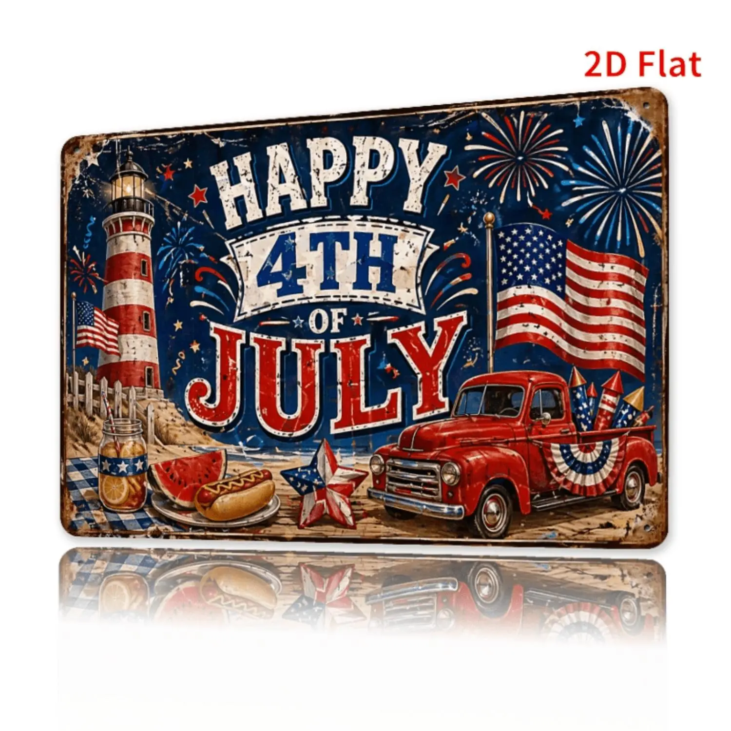 2D Flat, Decorative Sign 2D Flat, [2Dflat], 1pc 11.81X7.87Inch- Happy 4Th of July Beach Lighthouse Tin Sign, Patriotic Summer Wall Decor, Vintage Red Truck Metal Sign