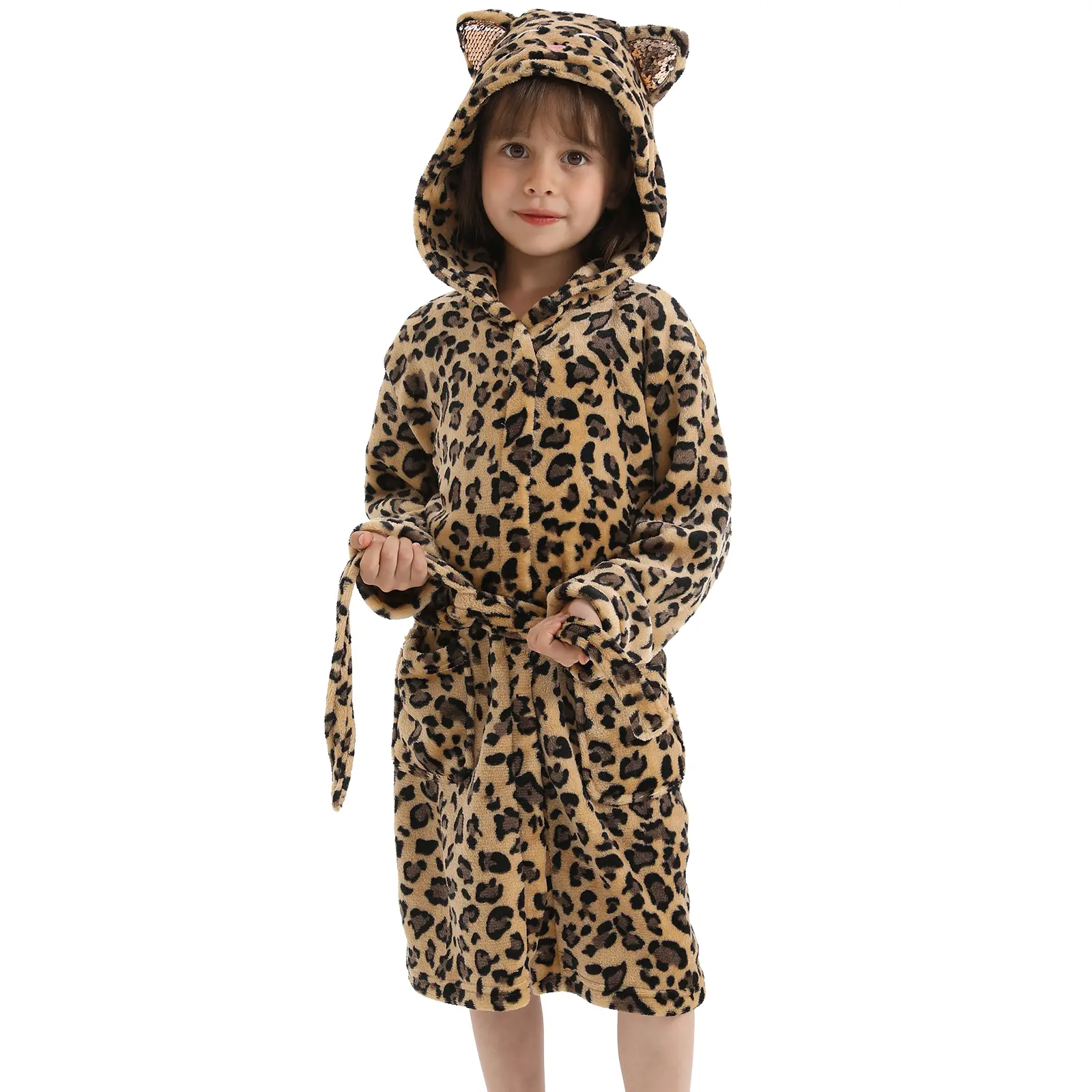 Girls Cat Ear Leopard Hooded Fleece Cozy Wear – Soft Plush Home Wear Ages 3-12