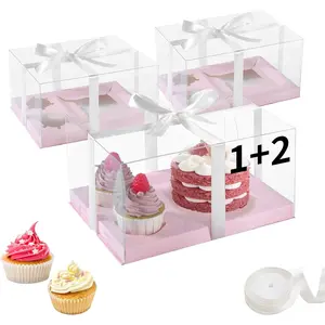 3 count  Bento Cake Cupcake Combo Boxes Valentine's Day 1+2 Bento Box with Clear Lid 2 Holes Pastry Sweets Cake Cupcake Combo Box Baking Supplies for Valentine Wedding Birthday Party( 1+2/3Pcs)