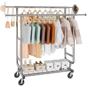 VEVOR Heavy Duty Clothes Rack, Double Hanging Rod Clothing Garment Rack for Hanging Clothes, Adjustable Height and Extendable Length Clothing Rack with Bottom Storage Area, 600 lbs Load Capacity