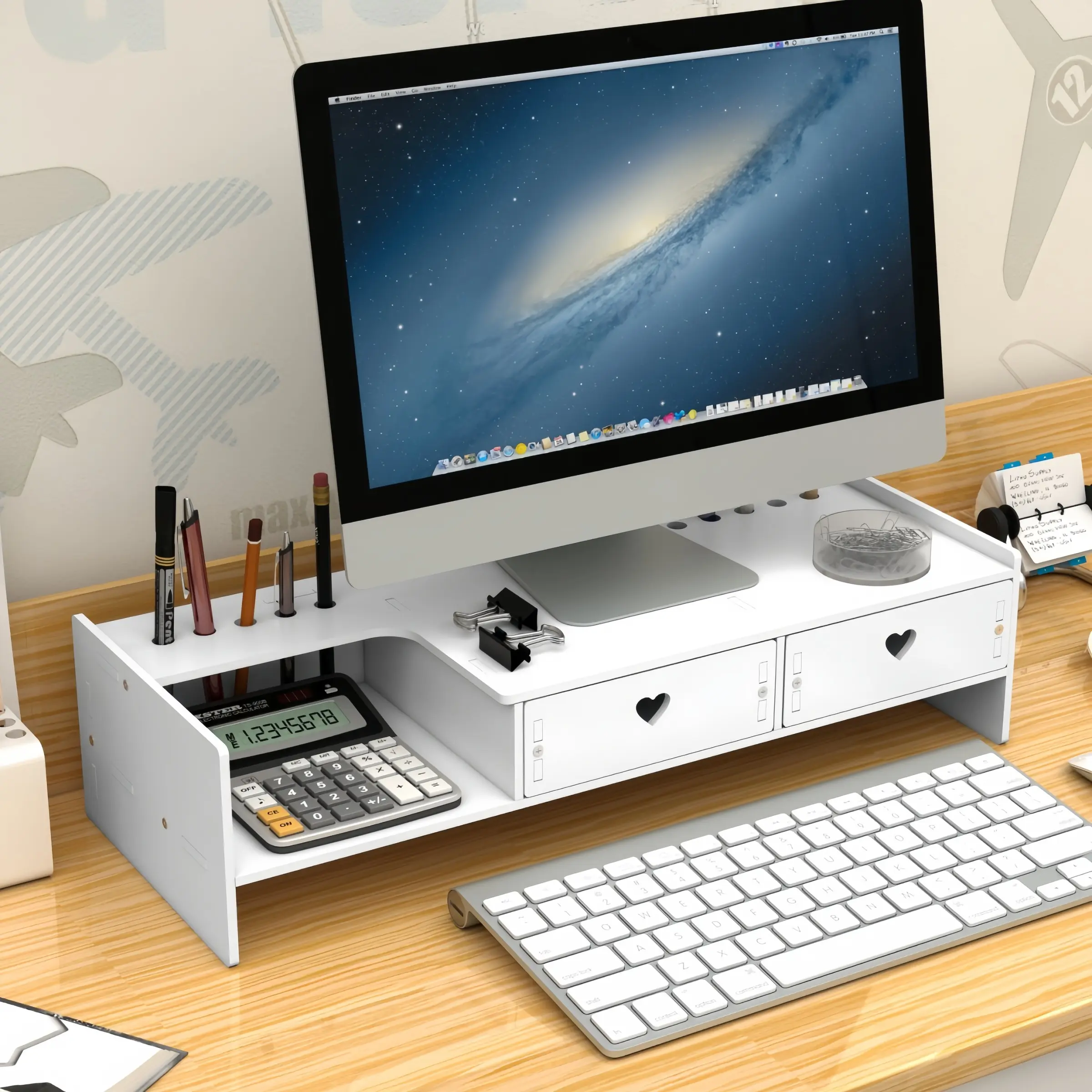 Computer Riser Desk Stand, Monitor Holder Office Supplies Drawer Organizer, Heightened Base Desktop Storage Rack, Space-Saving Design, Monitor Shelf