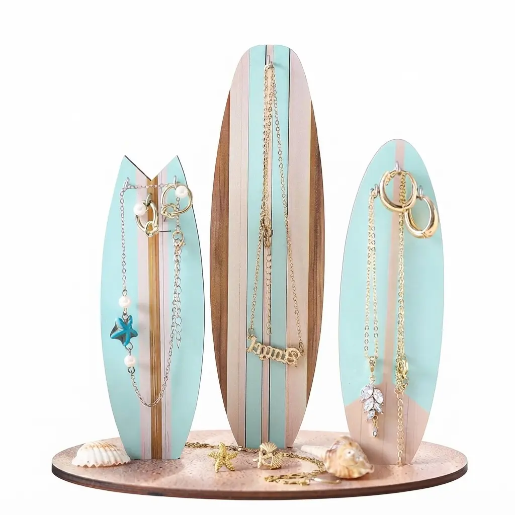 Surfboard  Holder Stand, Wooden Necklace & Bracelet Organizer, Coastal Beach Decor for Bedroom, Ocean-Themed  Display, Surfer Gift for Women, Blue  friendship livestream-finished craft  personalize gold pen holiday Colorful Plated Lotus Petal Beads
