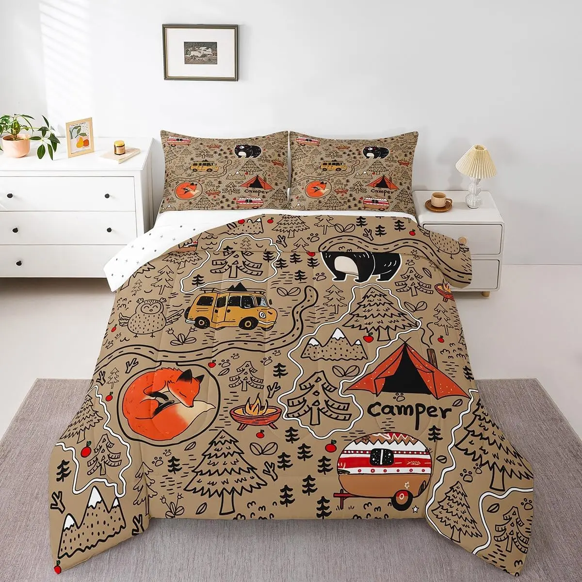 Feelyou Camping Themed Microfiber Bedding Set - Comfy Bed Comforter Set with Forest Bear, Fox, Owl Animal Print, Lightweight Warm for Bedroom, Travel Trailer Bunk Use, Bed Comforter Sets