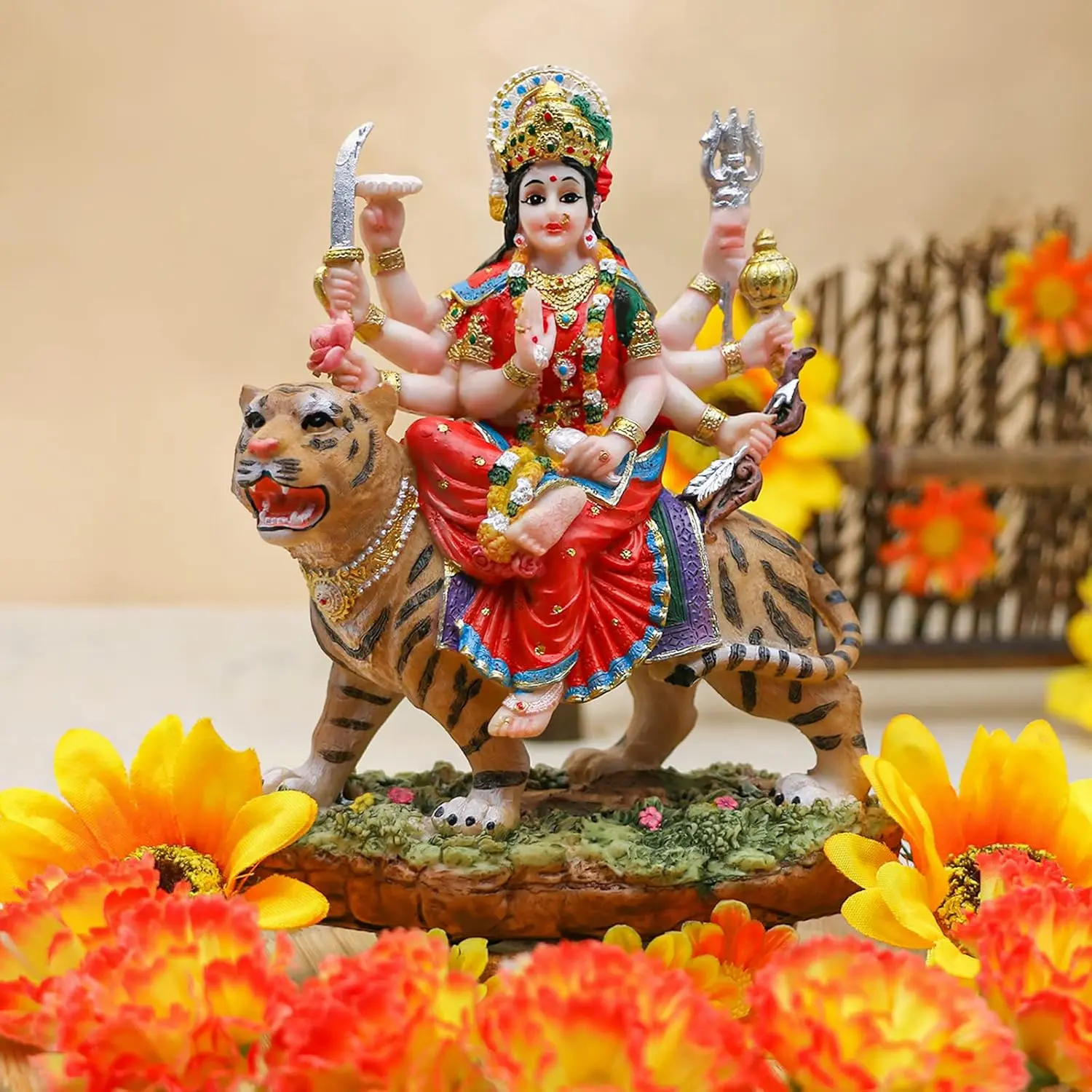 alikiki India Goddess Durga Idol Figurine - 5.8”H Hindu Idols Durga on Tiger Statue for Home Office Temple Mandir Altar Shrine Pooja Item Diwali Gifts