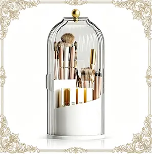 Dustproof Toothbrush Holder with Lid, 360 Rotating Countertop Electric Toothbrush Toothpaste Holders with Cover for Bathroom, 3 Slots Makeup Brush Holder with Lid for Vanity, White-Clear