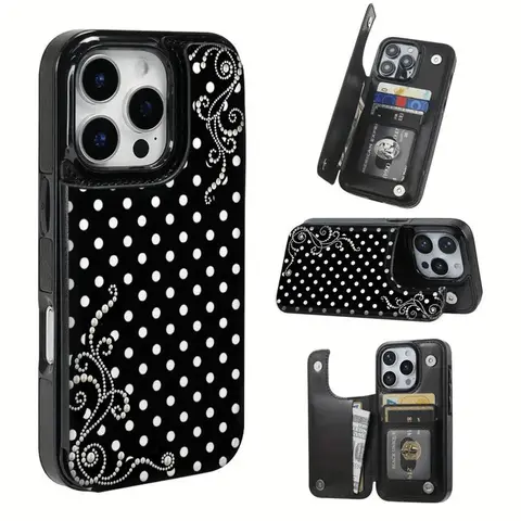 Handmade Patterned TPU Cellphone Case with Pearl Polka Dot Texture Variant, Card Slots for Bank/Bus Cards - Multi-Model Cover Compatible with iPhone 17/16/15/14/13/12, Mobile Phone Accessory