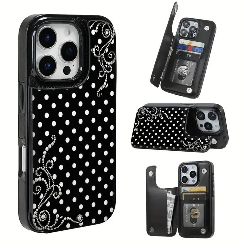 Handmade Patterned TPU Cellphone Case with Pearl Polka Dot Texture Variant, Card Slots for Bank/Bus Cards - Multi-Model Cover Compatible with iPhone 17/16/15/14/13/12, Mobile Phone Accessory