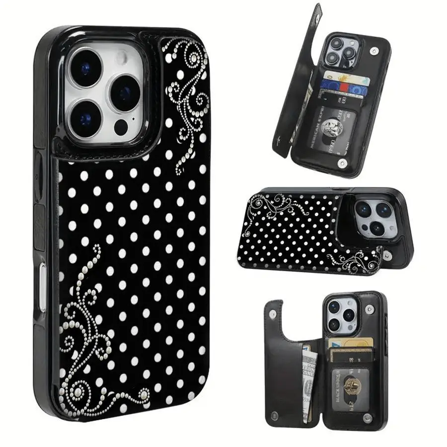 Phone Case: Pearl Polka Dot Fantasy Pattern. This practical TPU phone case features a patterned design and includes a card slot function, capable of holding bank cards, bus cards, and various other cards. Suitable for iPhone 17,Halloween,Stickers