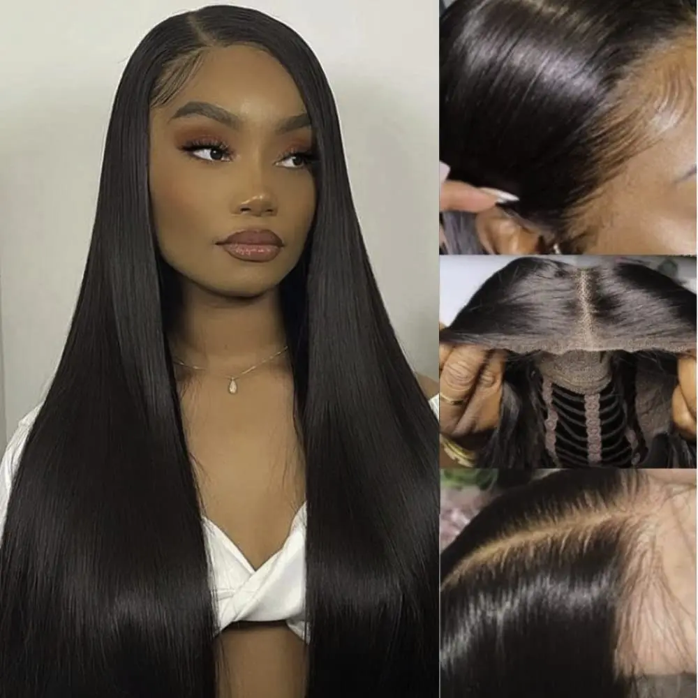 ChicRosa 7X5 Glueless Human Hair Wig With Knotless Simulation Scalp Lace design Long 40 inches 5x5 Closure Wig Straight 100% Real Brazilian Human Hair Wigs 7x5 Gluless Bye Bye Knots Wig True Length Transperent Lace Pre-Plucked for Woman Lace Frontal Wig