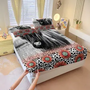 Rustic Western Highland Fitted Sheet Set, Terracotta Sunflower & Black Leopard Design, Soft Breathable Snug‑Fit Bedding with 2 Pillowcases for Boho Decor, Contains No Fillers.