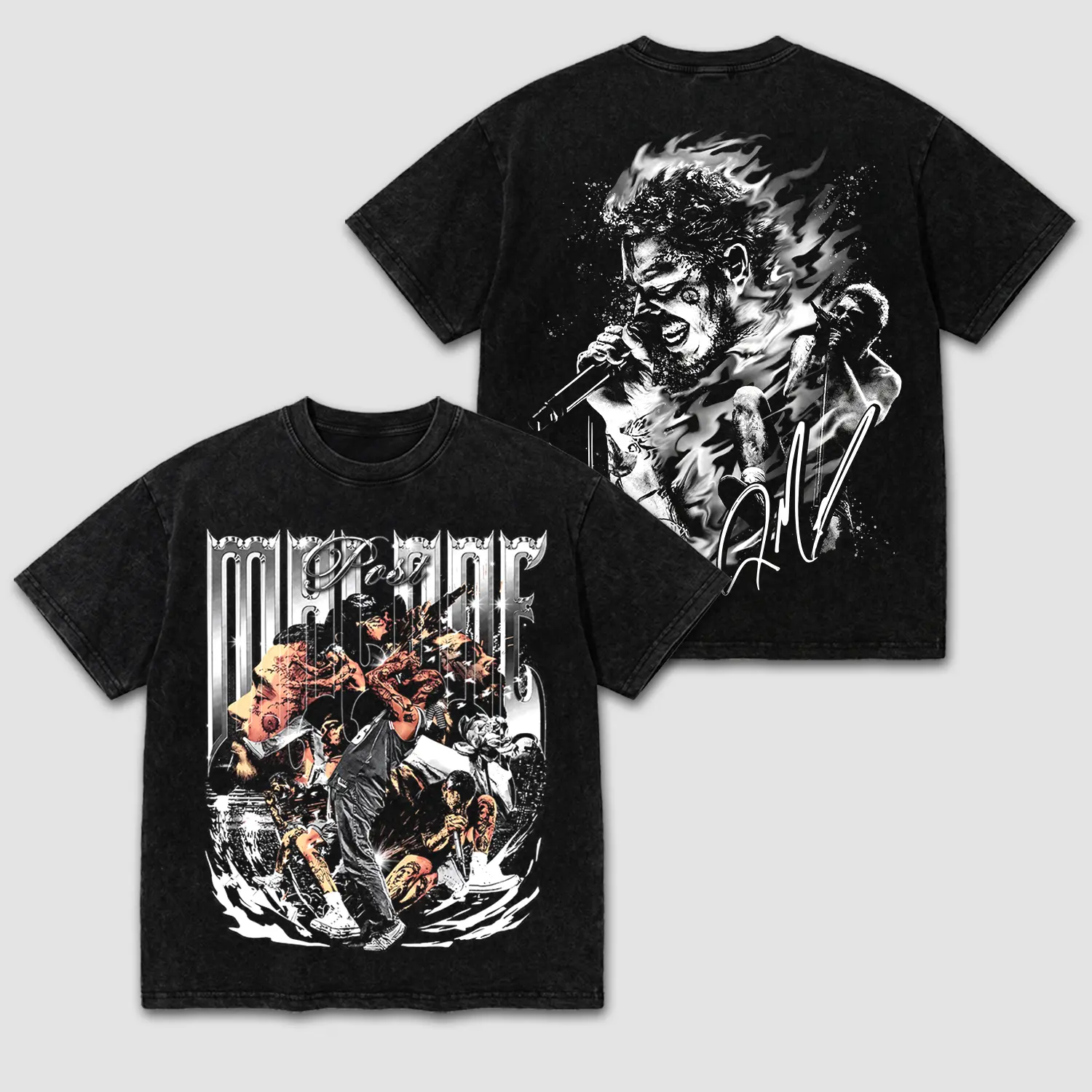 Malone Hip Hop Vintage Washed Tee, Rock Star Chrome Font Graphic T-Shirt, Retro Flame Portrait Album Merch Shirt, Heavyweight Cotton Oversized Streetwear, Concert Live Fan Apparel, Unisex Casual Top, Trendy Gym Workout Pump Cover Outfit Top