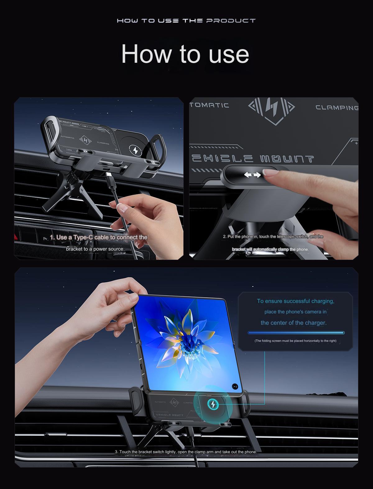 Car Vehicle Automatic phone holder, Phone Holder Car Gadgets for SmartphoneMount 15W wireless charger Phone Charging , 90-degree rotation, installed on car air center console, suitable for 6-7.2-inch mobile phones