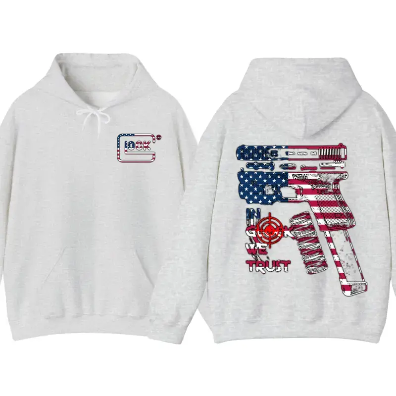 In Glock We Trust Flag USA Hoodie – 2-Sided Print Patriotic Pullover, Vintage Gun Rights Graphic, Unisex Streetwear Top, Independence Day Hoodie Gift for Men & Women, Bold American Pride Apparel