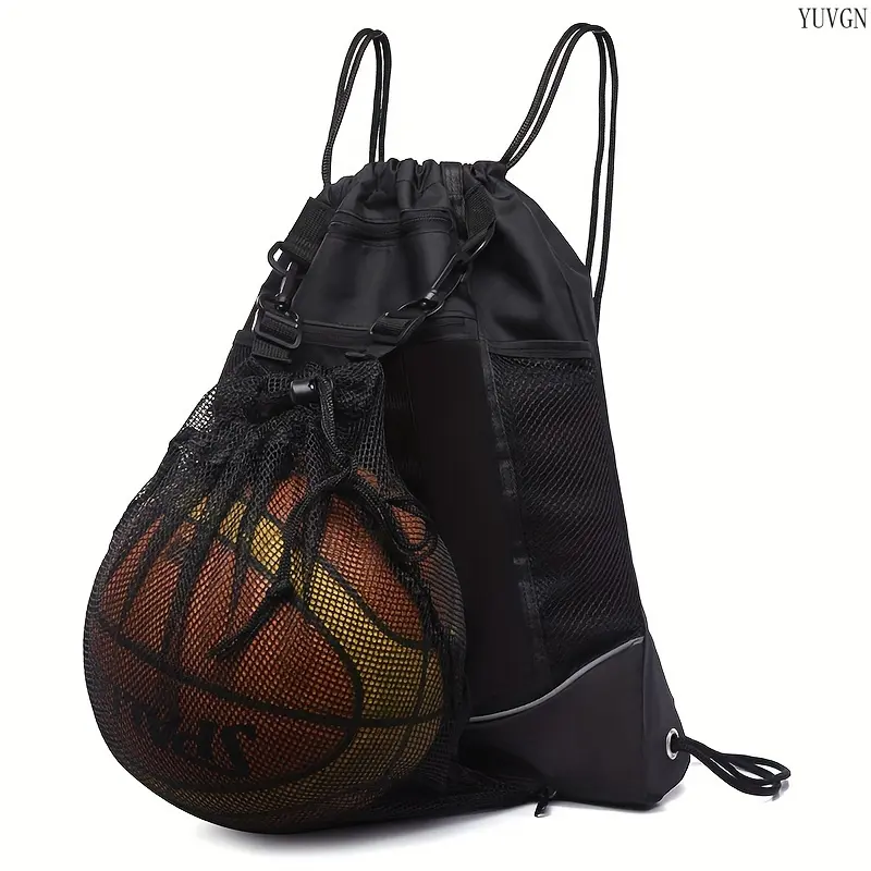 Solid Black Nylon Sports Draw String Bag - Durable Unisex Backpack for All Ages with Detachable Mesh Ball Pocket, Side Mesh Pockets, High Quality, Sporty, Quality Assurance, Ideal for Gym, Basketball, Brand New TikTok Shop Back to School
