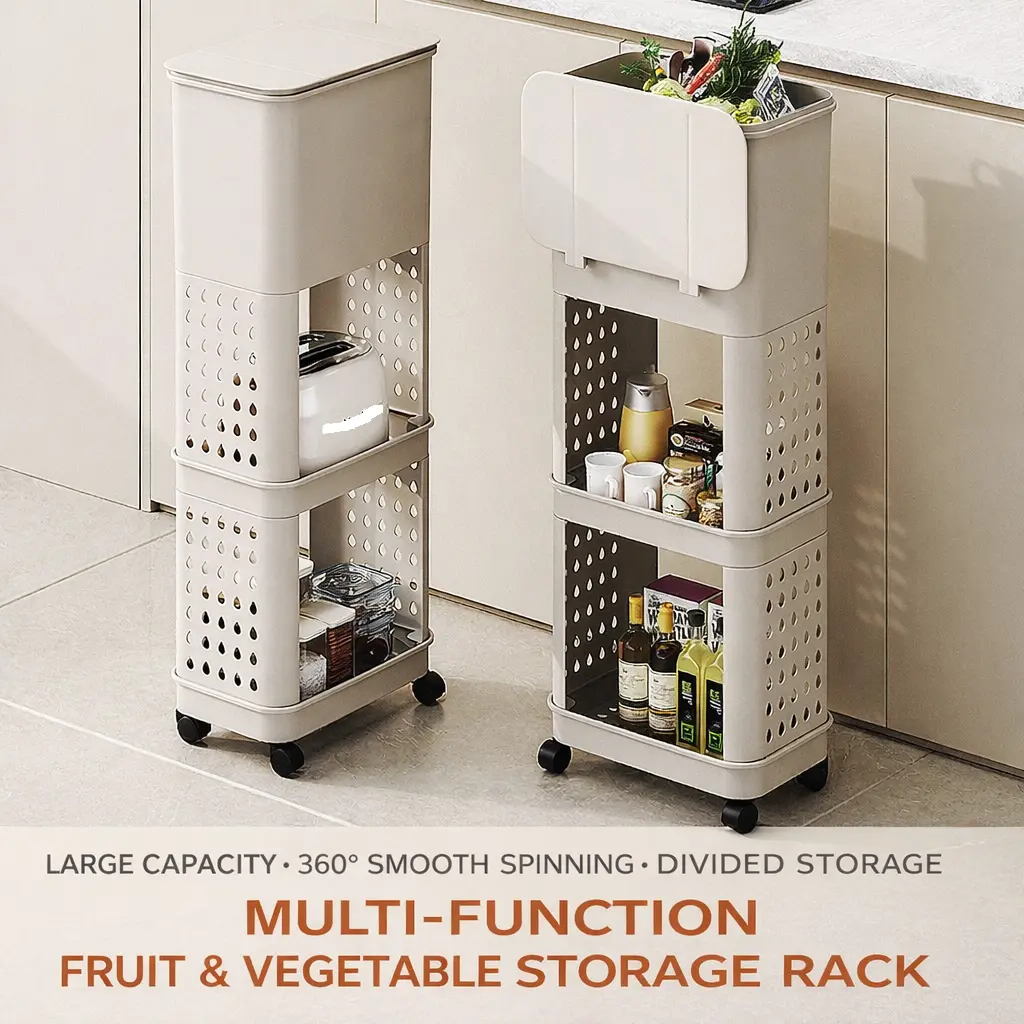 3 Tier Rolling Utility Cart Organizer, Features flip-open lid trash can and 360-degree rotating wheels. Stable and Sturdy Rolling Storage Carts for Bathroom, Kitchen, Snack, Craft.