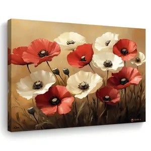 Room Decoration: 1 Piece Red and White Poppy Flower Canvas Wall Art, 11.8x 15.7inch Wooden Frame Print, Fabric Home Decor, Suitable for Living Room, Bedroom, Office, Bachelor Party Decoration, Unique Christmas Gift Idea