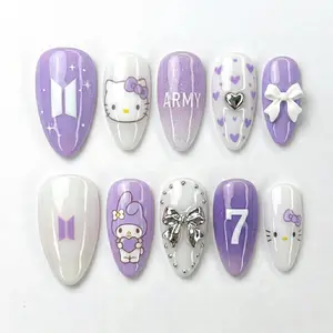 Purple Kpop Concert Press On Nails, Kawaii Character Fake Nails, 3D Silver Chrome Bow Art, Borahae Fandom Custom Merch, Number 7 Nails Q4FCES