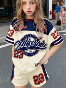 Summer Kids Cartoon Girl Style K-Pop Casual Short Sleeve Top and Shorts Set, Youth Girls Loose-Fitting for Summer T Shirt Set