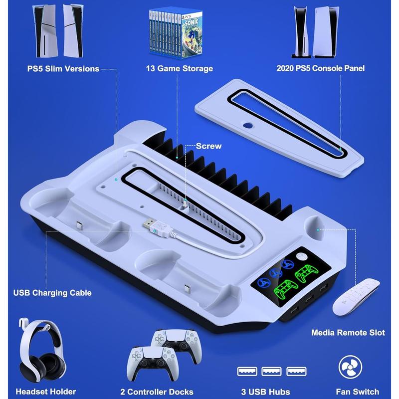 PS5 Slim Stand and Turbo Cooling Station with Dual Controller Charger Station for Playstation 5, PS5 Console Accessories with 3 Levels Cooling Fan 13-Game Organizer Headset Holder for PS5 Digital/Disc