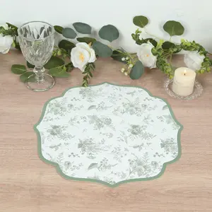 10-Pack Disposable Table Placemats 13" White with Sage Green French Toile Pattern & Scalloped Rim - 400GSM Cardboard Placemats for Classy Events