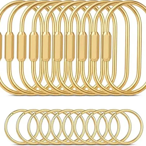 Minimalist Gold Brass Keyring 10-Pack - Key Chain Kit with 10 Flat Metal Ring Hook Keychains, Carabiner Clip, Screw Lock Organizer - Car Key Chains, Keychains for Women, Purse Accessories for ID Badges, Craft Projects