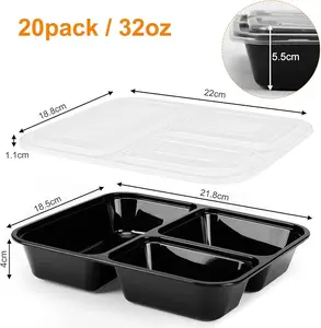 20 Pack 32oz Reusable Meal Prep Containers with Lids, Disposable Bento Box for Lunch, Microwave, Freezer, Dishwasher Safe Kitchen Plastic Black