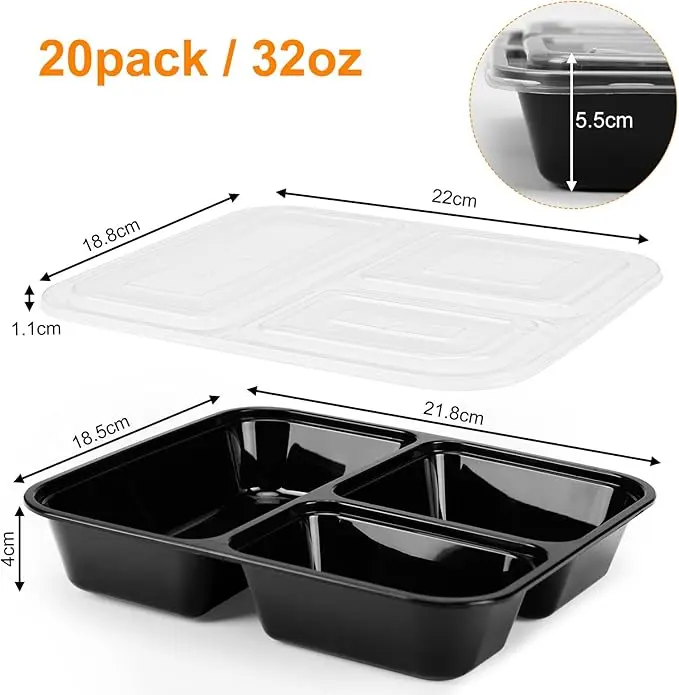 20 Pack 32oz Reusable Meal Prep Containers with Lids, Disposable Bento Box for Lunch, Microwave, Freezer, Dishwasher Safe Kitchen Plastic Black