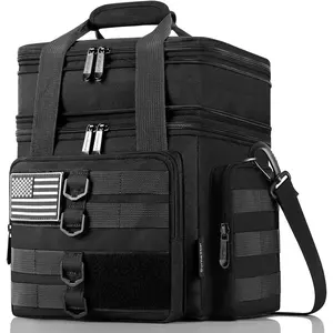 Tactical Lunch Box for Men, Large Insulated Lunch Bag for Adult, Heavy Duty Double Deck Expandable Lunch Cooler Bag with American Flag, Leakproof Soft Lunch Pail for Work Office Camping - Black
