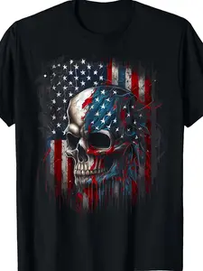 Men's and women's patriotic skull and American flag pattern T-shirt -100% cotton soft and breathable crew neck short sleeves, black retro distressed skull and American flag printing, S-XXXL size, neutral casual clothing,