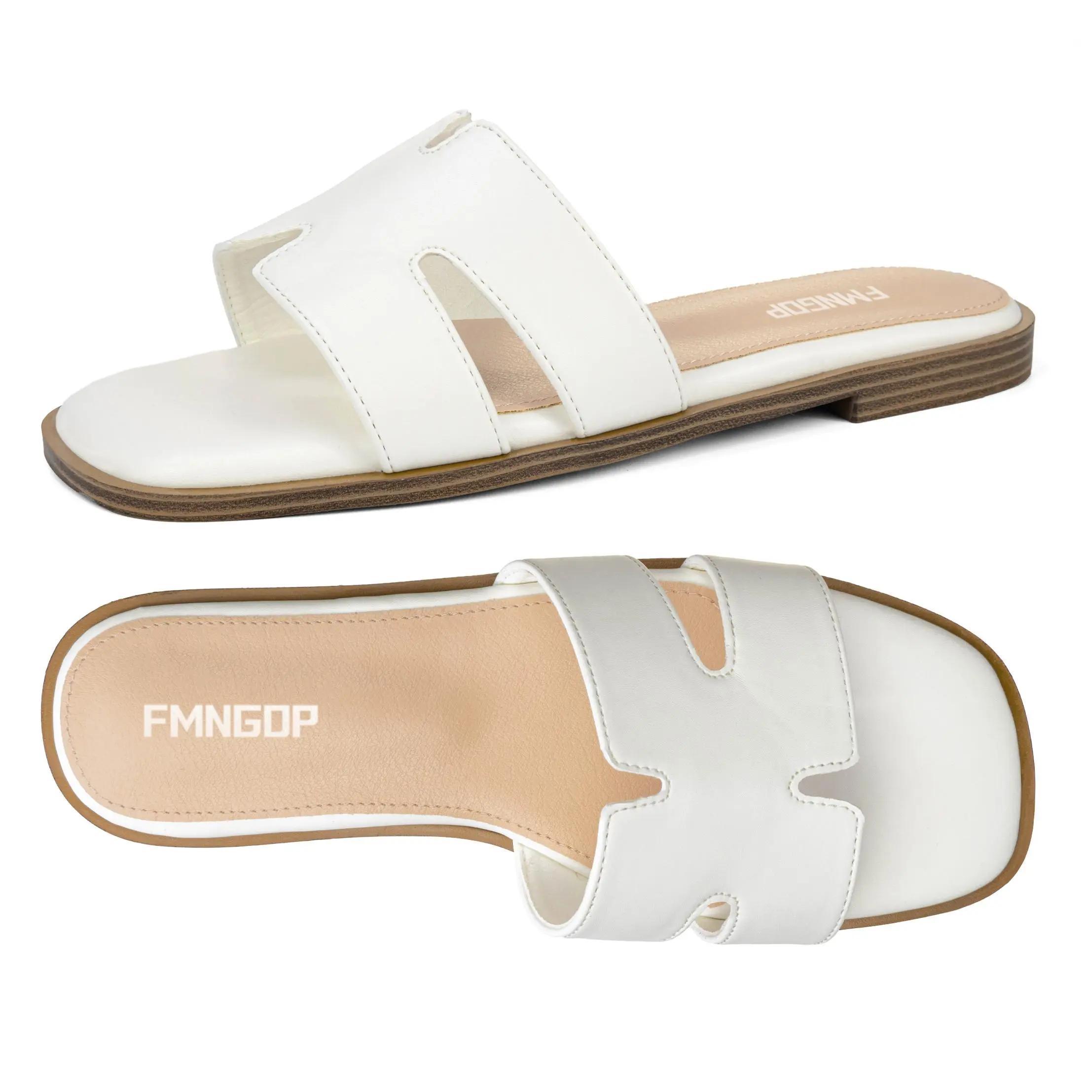 Women's Slide Sandals Flat Fashion Square Open Toe with Cushion Slippers for Summer Beach