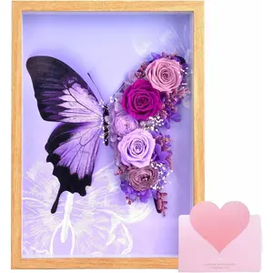 JuneJane Preserved Real Rose Butterfly Shadow Box Frame, 3D Floral Wall Art or Tabletop Decor, Wall Decor for Home,Romantic Eternal Flowers Gifts for Women Wife Girlfriend Mom