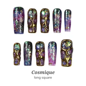 Lilynailsart | Cosmique Press On Nails – Long Square – Galaxy Glitter & Gold Chrome Nails