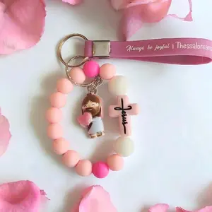 Jesus Keychain Bracelet with Split Ring - Pink and White, Ideal for Birthday, Casual, Anniversary Gifting
