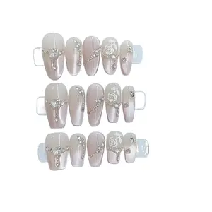 Hand-Painted Rose Diamonds Nail Set with Butterfly Pink Gradient Halo Finish Press-Type Acrylic False Nails Reusable Versatile Detachable Plastic Fake Fingers