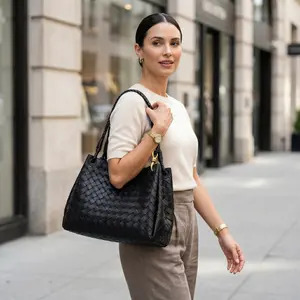 Woven Tote Bag for Women Large Capacity Shoulder Bag with Braided Straps and Gold Hardware