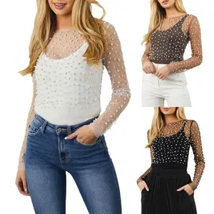 Women Sexy See Through Pearl Rhinestone Beaded Crop Top Y2K Long Sleeve Sheer Mesh Crop Blouse Shirt Clubwear 90s