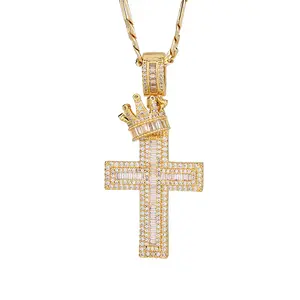 14K Gold Plated Cross Pendant Necklace with Crown Design 24-inch Figaro Chain Religious Jewelry for Men & Women
