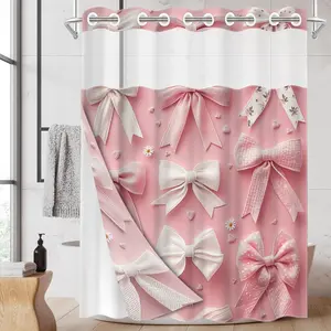 1pc hookless shower curtain with buckle lining, spring pink and white bow design, 2D flat printing, fabric waterproof lining, see-through double-layer shower curtain, 71 x 74 inches, modern home draping curtain, Shower Curtain Liner