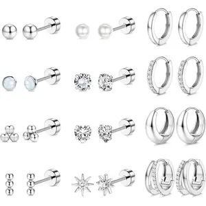 YADOCA Flat Back Earrings for Women Hypoallergenic - Surgical Steel Earrings for Sensitive Ears Small Flatback Stud Hoop Earring Stacks Cartilage Earring Set for Multiple Piercing