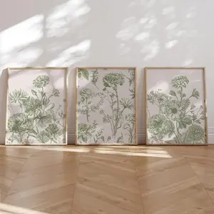 Sage green and beige Botanical Chinoiserie Set of 3 Wall Art Piece, Decor Minimalist, Botanical Print, wildflowers Printable - POSTER PRINT UNFRAME