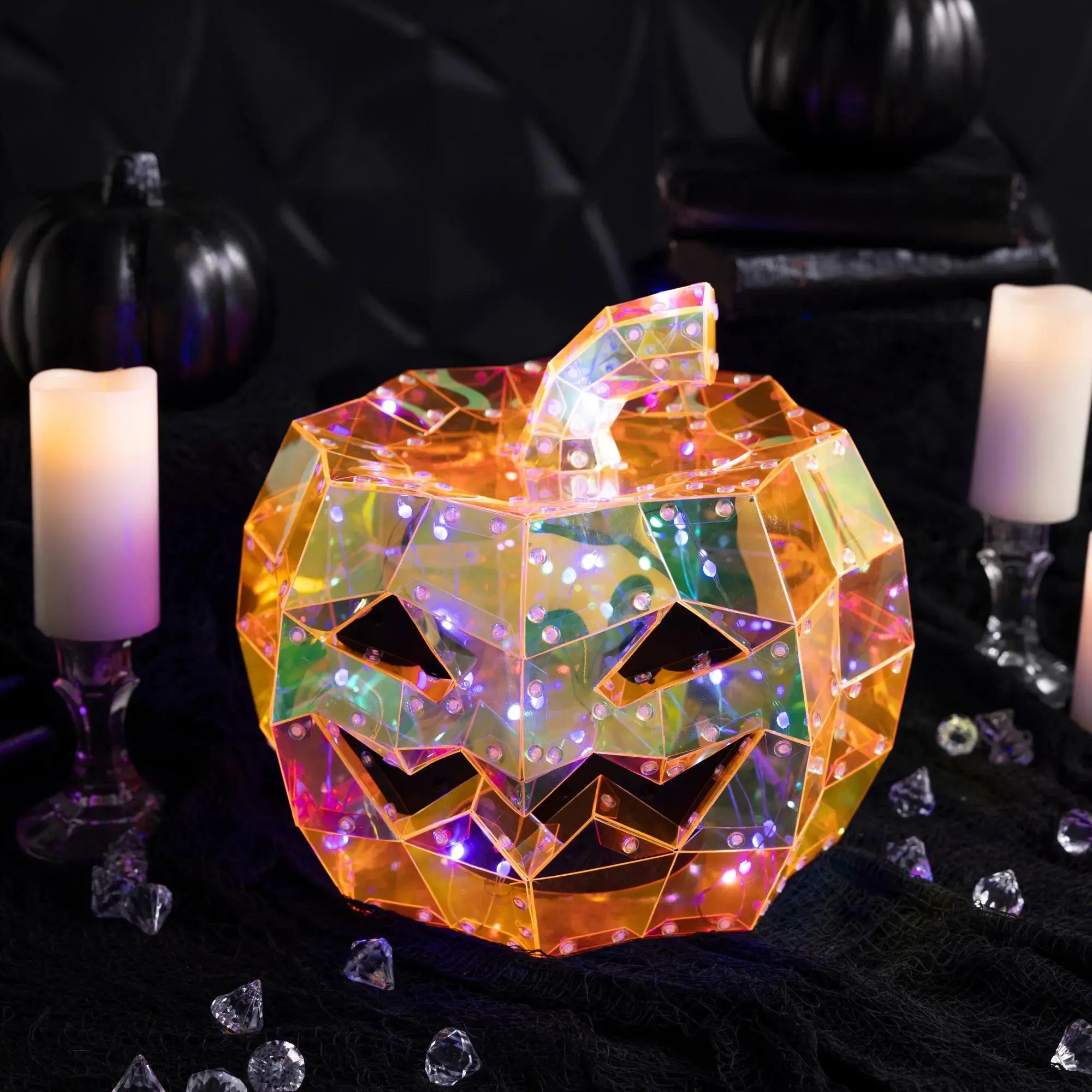 11.75in Multicolor Shimmer Prismatic Jack-O'-Lantern LED Light-Up Decor, 3+ Light Settings, Fiesta Decorations, Glow Dark Ornament, Home & Holiday Party Decorations and Ornaments