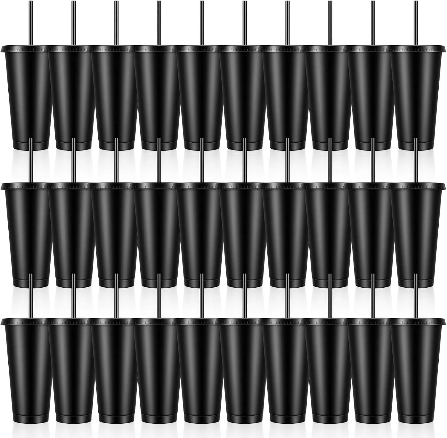 24 oz Plastic Tumblers with Lids and Straws, Reusable Black Tumblers Bulk Set, Iced Coffee Travel Cups, Plastic Drinking Cups for Party Birthdays