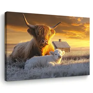 A Highland Cow Canvas Painting with Wooden Frame, Classic Country Style, Fabric Texture, Perfect for Living Room, Bedroom, Office - Mother-Daughter Gathering Gift, Cow Decoration