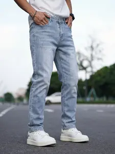 Men's Light Blue Washed Slim Fit Stretch Denim Jeans Pocket, Casual Straight Leg Pants for Outdoor & Daily Wear