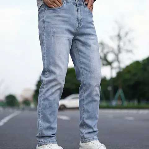 Men's Light Blue Washed Slim Fit Stretch Plain Denim Jeans Pocket, Casual Straight Leg Pants for Outdoor & Daily Wear, Premium Denim Pants, Jeans Bottoms, Pocketed Denim