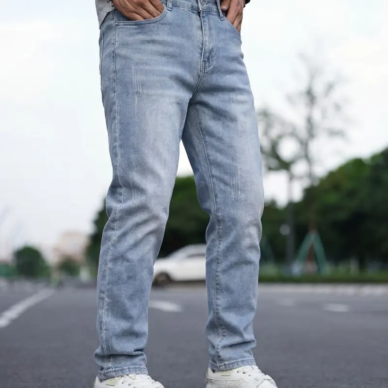 Men's Light Blue Washed Slim Fit Stretch Plain Denim Jeans Pocket, Casual Straight Leg Pants for Outdoor & Daily Wear, Premium Denim Pants, Jeans Bottoms, Pocketed Denim