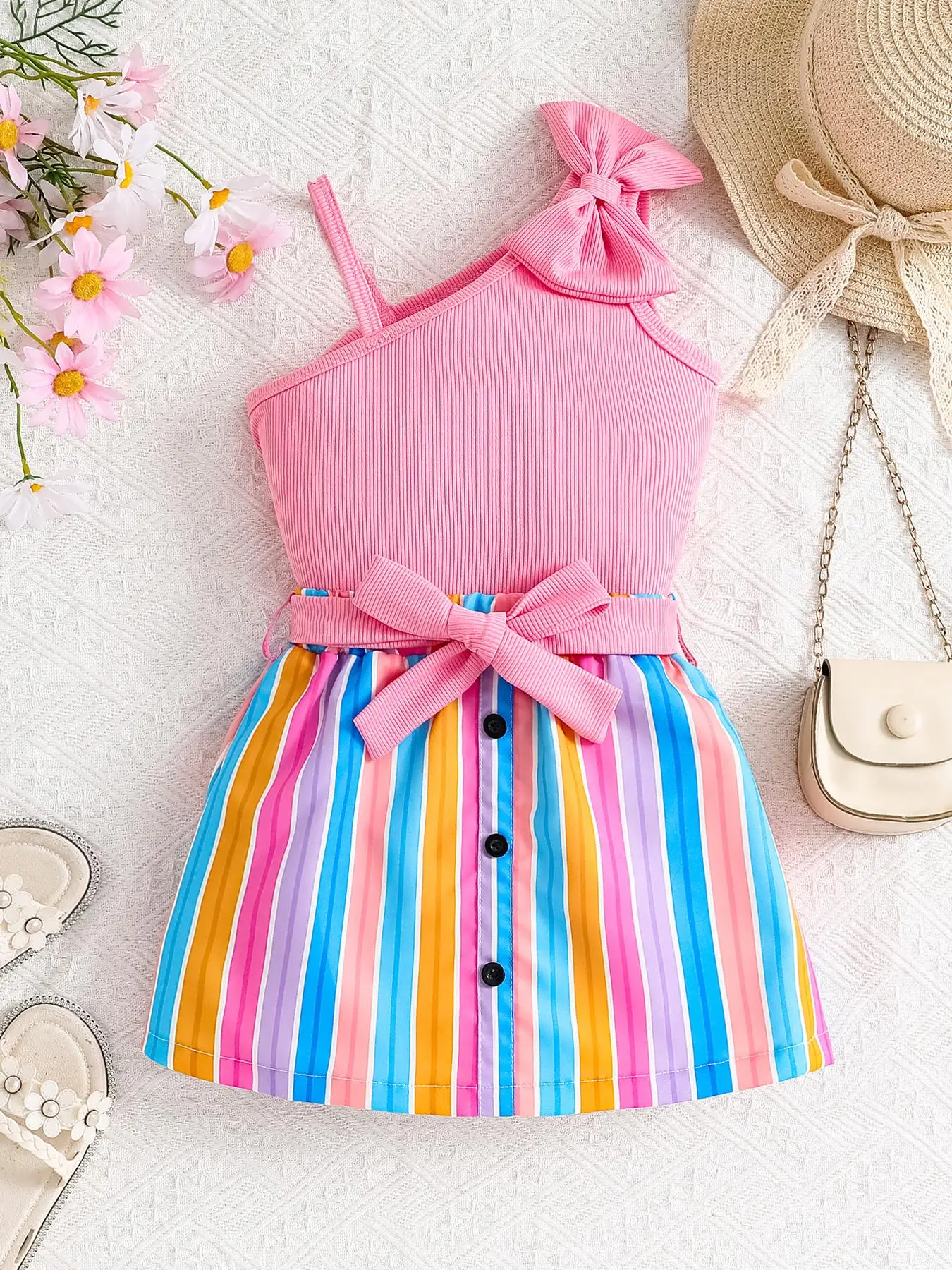 Two-piece Set Girl's Bow Decor Tank Top & Rainbow Stripe Print Belted Skirt Set, Casual Sleeveless Top & Skirt for Beach Vacation, Kids Summer Clothes