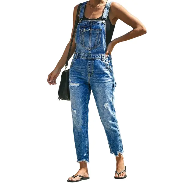 Flamingals Wash Ripped Raw Hem High Waist Straight Leg Crop Overalls Womenswear Stretchy 24.8" Inseam