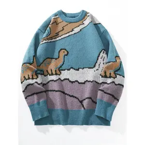 2026 Men's Cartoon Dinosaur Print Drop Shoulder Sweater Casual Regular Fit Long Sleeve Round Neck Jumper for Fall Winter Fashion Knitwear for Daily Wear Street Style Top